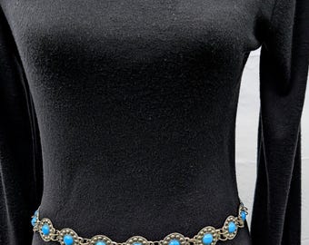 Silver Belt Turquoise Color Glass Stones Chain Dangle Adjustable Unisex