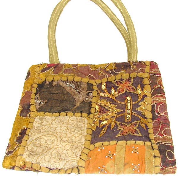 Purse cloth patchwork bag browns and golds earth tones snap closure Vintage Boho Hippie Vagabon, unisex