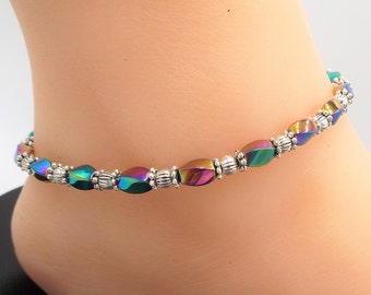 Rainbow & Silver Magnetic Hematite Anklet Bracelet Unisex Magnet Therapy