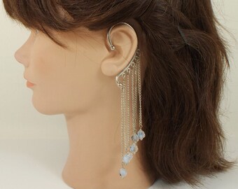 Silver ear cuff, Blue Crystal Chain Ear Cuff, Faceted Crystal Beads, Non Pierced, Single Earring, Unisex