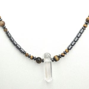 Tiger Eye and Hematite Necklace Quartz Crystal Pendant Boho Unisex Choker
