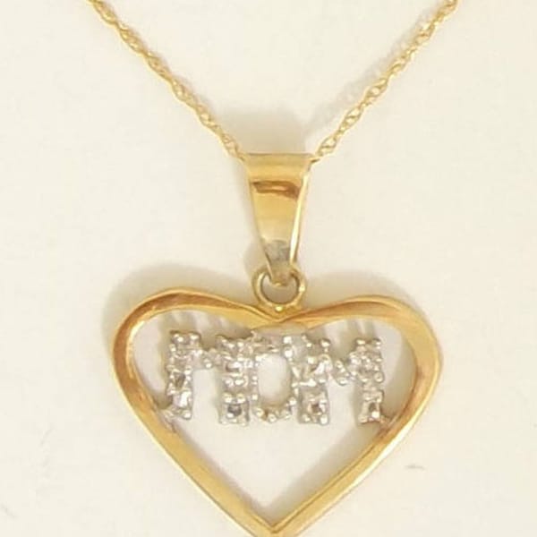 10K Diamond MOM Necklace, 18 inch Soldered Link Chain, Genuine Diamonds, Stamped JJT, Mother