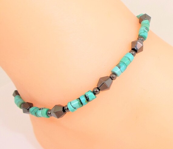 Magnetic Hematite Woman's Bracelet Anklet 2 row THERAPY w Angle Wings Turquoise 