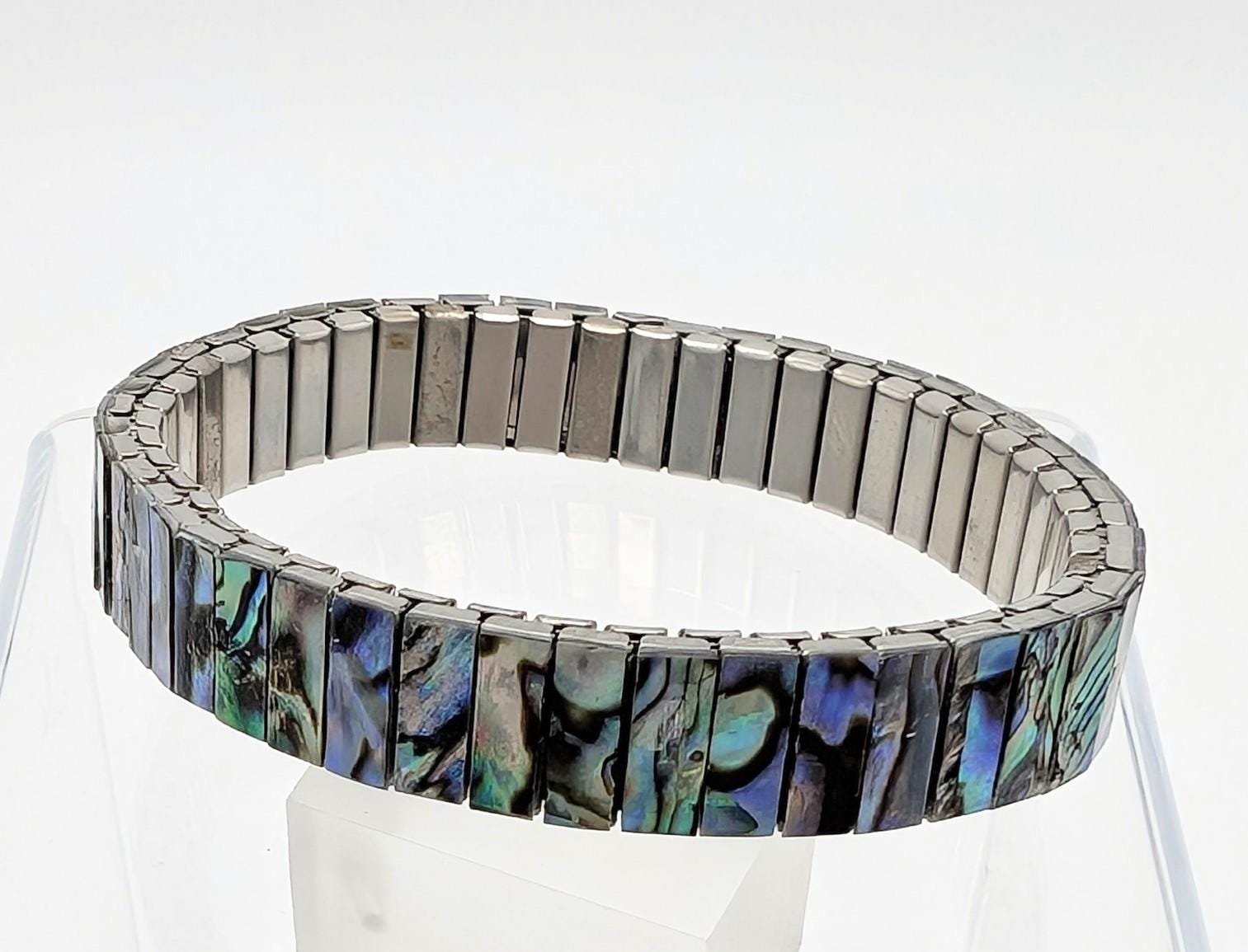 Stainless Steel Geneva Round Bracelet Silver Abalone Acrylic Vintage Vintage Alpaca Silver Cuff Bracelet with Abalone Shell and  main image 2