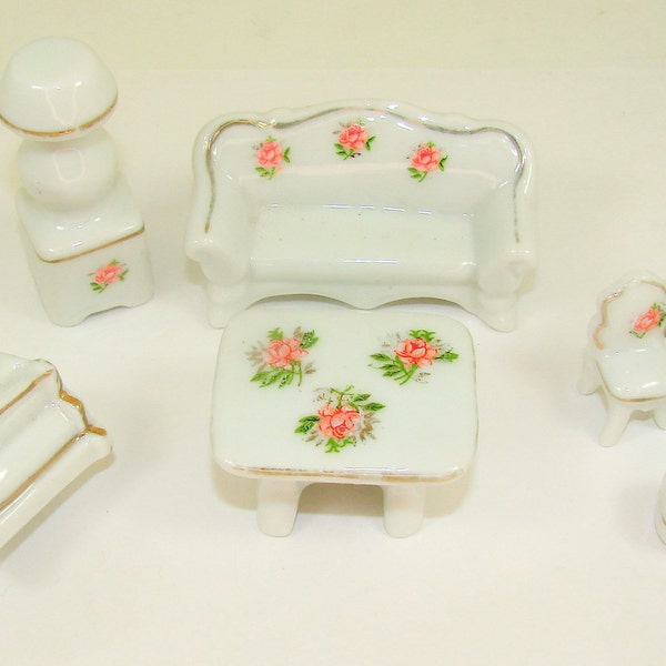 Miniature Doll House Furniture Set Ceramic 7 Pieces Livingroom, Couch, Chairs, Table, Piano, Lamp, Original Box, NOS, Vintage