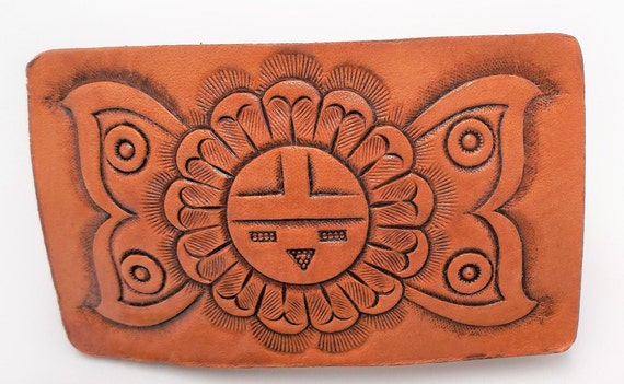 Belt Buckle, Leather, Aztec Design, Butterfly, Vi… - image 1