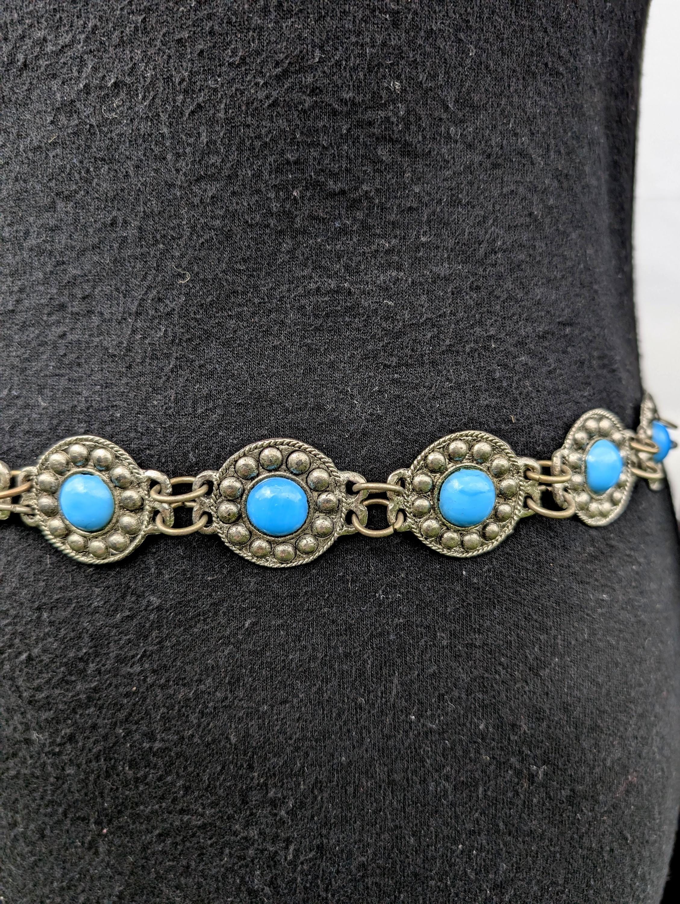 Silver Belt Turquoise Color Glass Stones Chain Dangle  display picture 1