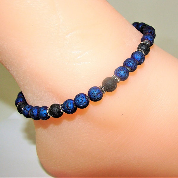 Lava Anklet or Bracelet, Ankle bracelet, Blue and Black Volcano Lava, Diffuser, Unisex.