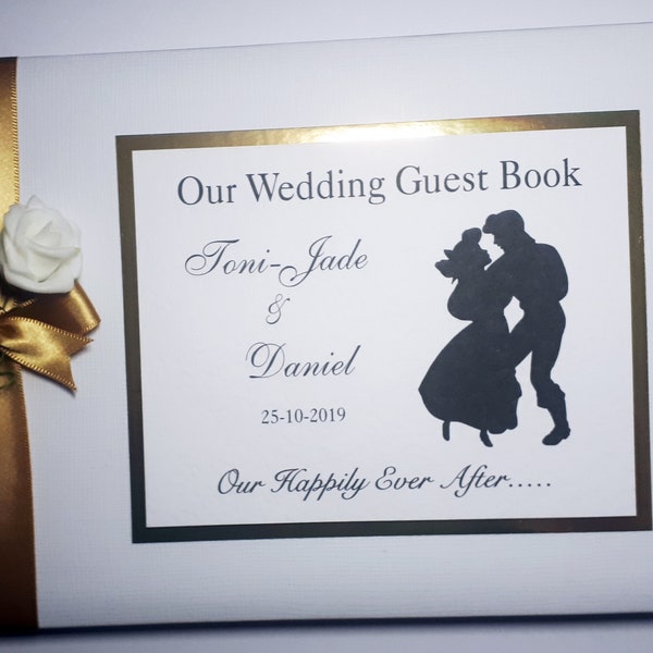 Personalised Aril and Eric Little Mermaid wedding guest book with roses, gold Wedding guest book, Wedding sign in book