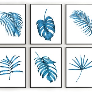 Botanical Blue Prints Monstera Wall Art, Tropical Fern Leaf Palm Home Decor, Botanical Plant , Green Leafy Home Decor
