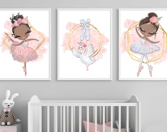 Ballerina wall prints, African-American Ballerina nursery wall decor, Ballerina nursery wall art, Girls's room decor, gift for girl