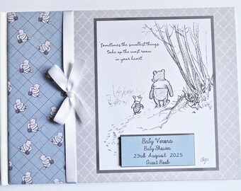 Personalised Classic Winnie the Pooh Baby Shower guest book, baby shower gift, blue and white classic winnie guest book, baby shower gift