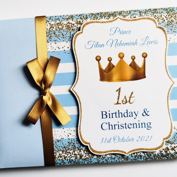 Personalised light blue and gold Royal Prince birthday guest book, prince Baby Shower guest book, prince christening, gift for boy