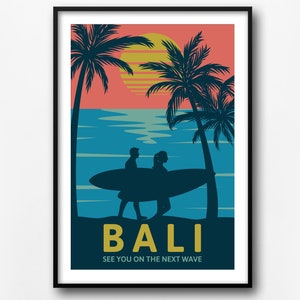 Impressão de viagem vintage de Bali, pôster de viagem retrô, pôster de viagem de Bali, decoração de casa, impressão de parede de viagem, pôster de pontos de referência, presente