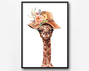 Funky giraffeprint: giraf met hoed, dierenmuurkunst