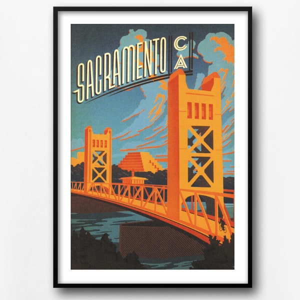 Sacramento Tower bridge vintage travel poster, Sacramento, California vintage wall art, vintage travel postcard, landmarks print