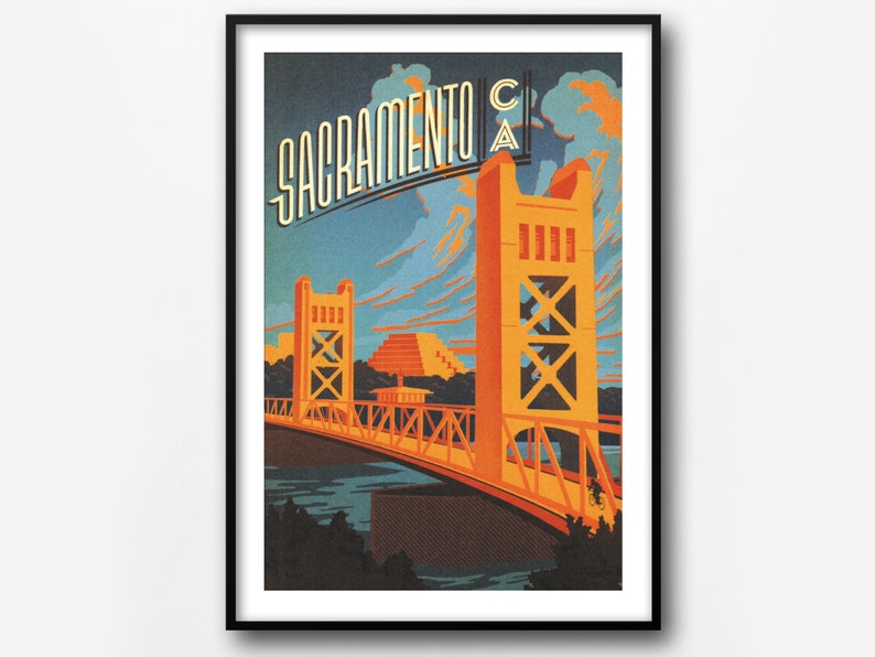 May include: A vintage travel poster featuring an illustration of the Tower Bridge in Sacramento, California. The poster is in a retro style with a blue, orange, and yellow colour scheme. The text "Sacramento CA" is written in a stylised font.
