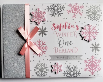 Libro de firmas personalizado para cumpleaños de niña de Winter Onederland, copos de nieve con purpurina rosa y plateada, Winter Onederland rosa y plateado