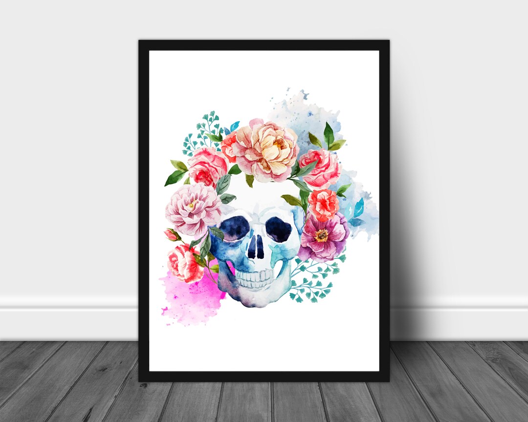 Watercolour Skull With Flowers Print, Sugar Skull Print, Flower Skull ...