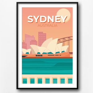 Sydney travel poster, Sydney retro city poster, Opera House Sydney print, home decor, Australia cities landmarks print, gift