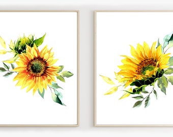 Watercolour sunflowers wall prints, sunflowers wall decor, Sunflowers wall art, sunflowers gift, floral wall art