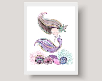 Watercolor Mermaid Print: Brunette Hair, Nursery Wall Decor (Digital Download)