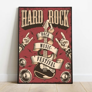 May include: A vintage-style poster with the text "Hard Rock" in bold letters. The poster features a red background with a black electric guitar, two hands making the rock and roll hand gesture, and speakers. The text "Rock Music Festival" is wrapped around the guitar.
