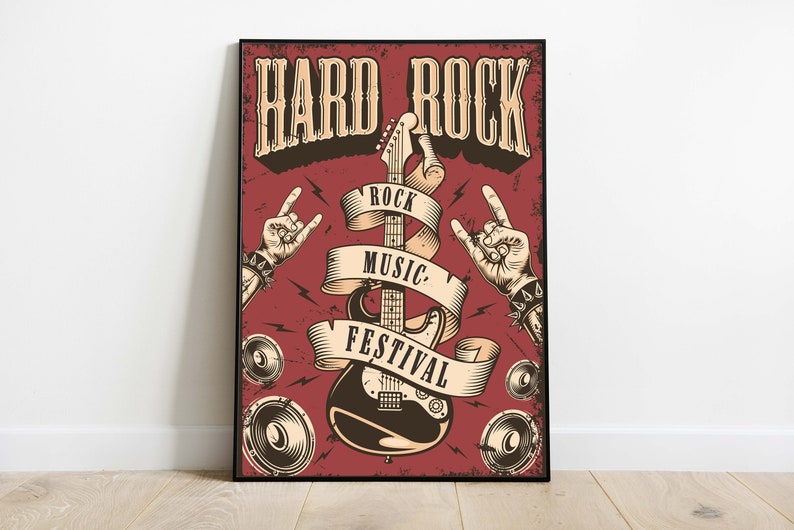 May include: A vintage-style poster with the text "Hard Rock" in bold letters. The poster features a red background with a black electric guitar, two hands making the rock and roll hand gesture, and speakers. The text "Rock Music Festival" is wrapped around the guitar.
