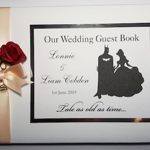 Superheroes personalised wedding guest book with roses, Superhero wedding sign in book, Superhero wedding album - any colour