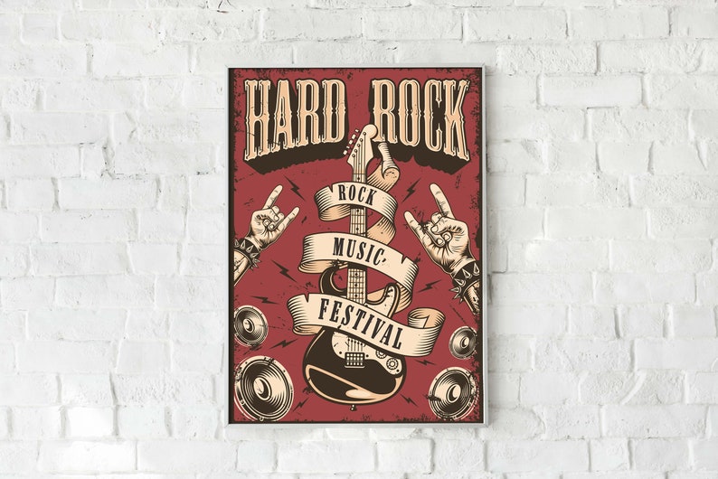 May include: A vintage-style poster with the text "Hard Rock" in bold letters. The poster features a red background with a black electric guitar, two hands making the rock and roll hand gesture, and a banner that reads "Rock Music Festival".