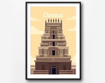 Póster de viaje de Chennai, India: Impresión de arte mural retro