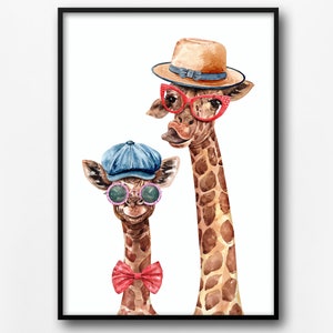 Giraffes wall print, Funky Giraffes poster, animals wall art, giraffes wall decor, giraffes in a hat wall prints, giraffe lover gift