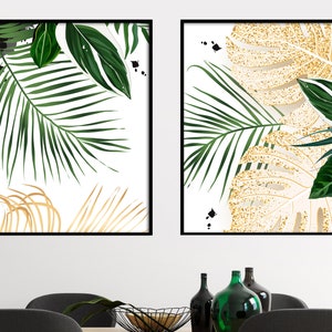 Grüne und goldene tropische Blätter Drucke, tropisches Grün Wandkunst, exotisches Grün, Monstera Palmblatt, Wohnkultur, Badezimmer Wandkunst