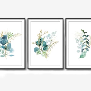 Watercolour eucalyptus wall art prints, blue and gold eucalyptus prints, botanical wall art, greenery artwork, plants prints