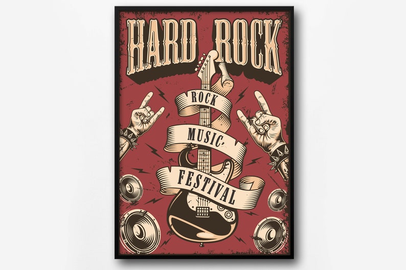 May include: A vintage-style poster with the text "HARD ROCK" in bold, yellow letters. The poster features a red background with a black electric guitar, two hands making the rock and roll hand gesture, and two speakers. The text "ROCK MUSIC FESTIVAL" is written on a white ribbon wrapped around the guitar.