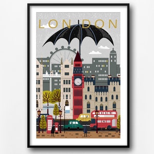 London travel poster, London retro city poster, England travel print, home decor, London travel wall art, gift