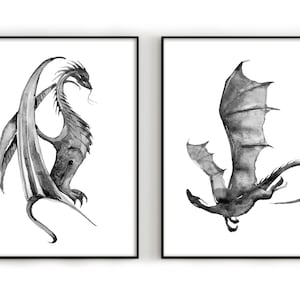 Dragons watercolour prints, dragon prints black, dragon wall art, dragon art poster, dragon artwork, dragon illustration, gift