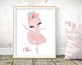 Ballerina nursery print, Blonde ballerina wall print, Personalised ballerina name print, Ballerina room decor, Girl's room print, gift
