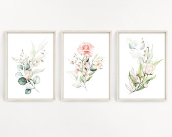 Watercolour roses wall prints, Blush roses with green and gold leaves, botanical flower prints, botanical wall art, home decor