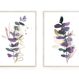 Greenery prints, botanical wall art, leaves wall decor, greenery artwork, purple greenery prints, gift for her, home decor