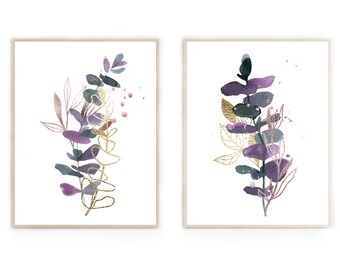 Aquarel groenprint: paarse botanische muurkunst