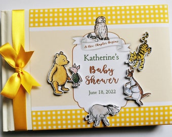 Livro de assinaturas personalizado para chá de bebê unissex com tema clássico do Ursinho Pooh, álbum de recortes amarelo do Ursinho Pooh, presente para chá de bebê de menina.