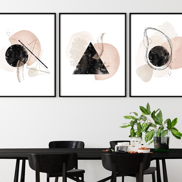 Geometric Abstract Art Prints: Blush Pink & Black Wall Decor