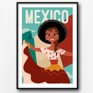 Mexico travel print, Mexican girl retro poster, Mexican dancer retro print, home decor, Mexico retro wall art, gift