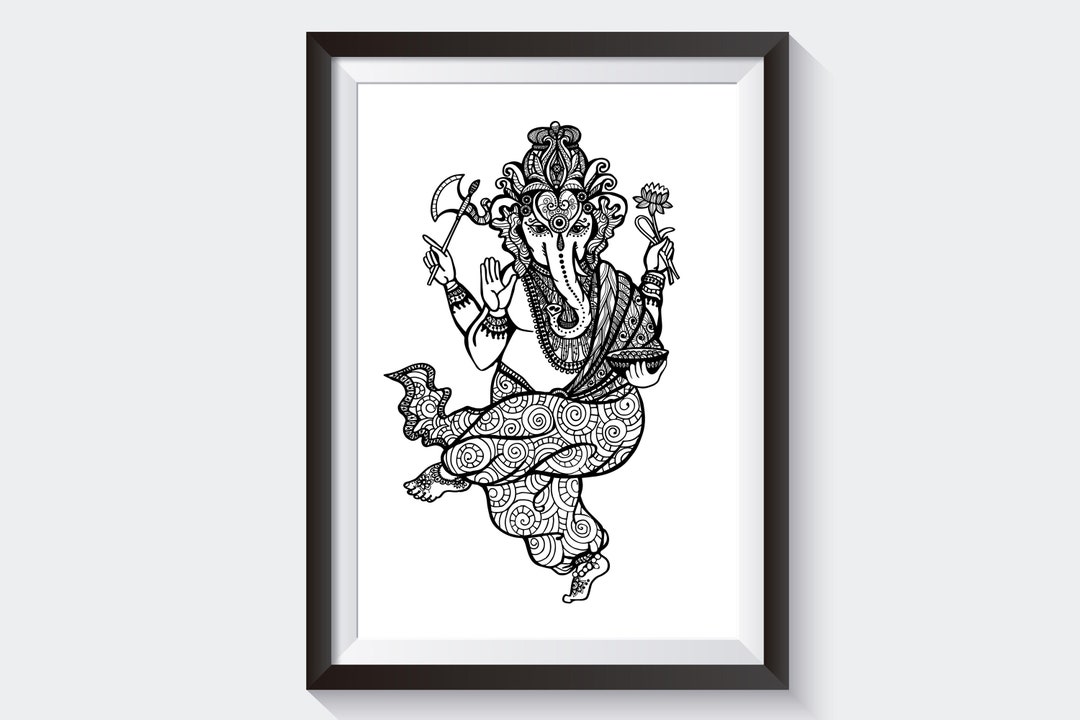 Dancing Ganesha Wall Print, Hindu Monochrome Ganesha Wall Art, Ganesha