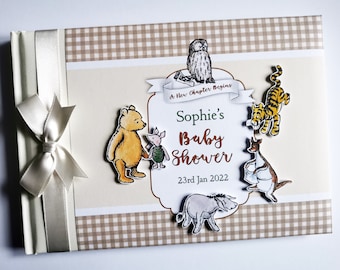 Livro de visitas personalizado para chá de bebê unissex com tema clássico do Ursinho Pooh, álbum de recortes clássico do Ursinho Pooh, presente para chá de bebê - qualquer design