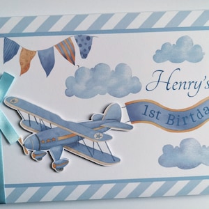 Personalised Vintage plane birthday guest book, blue vintage aeroplane birthday guest book, planes and hot air balloons, gift for a boy