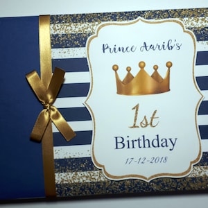 Personalisiertes blau-goldenes Royal Prince Geburtstagsgästebuch, Babypartygästebuch Prinz, Album Prinz - jedes Design