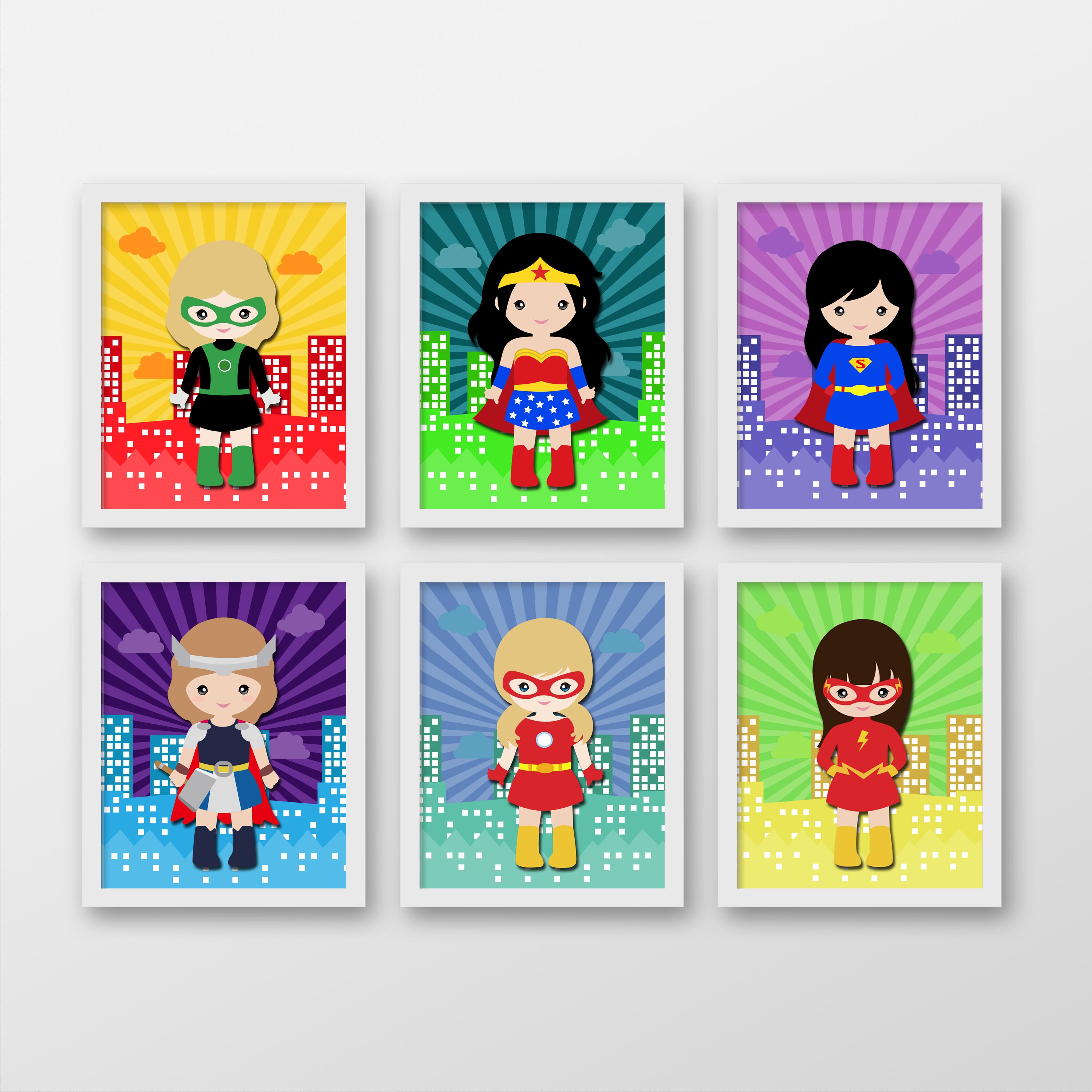 Girl's Superheros Wall Prints, Girl's Superheroes Wall Decor, Girl's room superheros decor, girls room superhero wall art