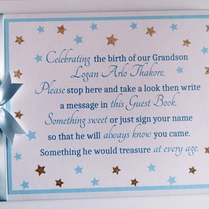 Personalised blue and gold stars baby shower guest book, message book. boys twinkle guest book, baby keepsake, gift for boy